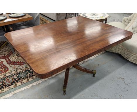 LATE REGENCY RECTANGULAR MAHOGANY TILT-TOP BREAKFAST TABLE, raised on pedestal with turned column and outswept reeded support
