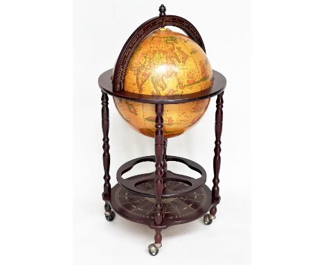 GLOBE COCKTAIL CABINET, in the form of an antique terrestrial globe on stand with opening lid and filled interior, 92cm H. 