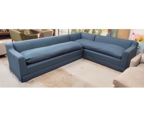 CORNER SOFA, in blue fabric, in three sections, 330cm x 255cm x 84cm. 