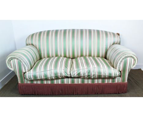 SOFA, peppermint stripes, country house style with bullion fringe, 195cm W x 93cm D x 91cm H. 
