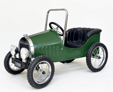 PEDAL CAR BY GREAT GIZMOS, green painted and chrome vintage model tourer, 80cm x 40cm x 54cm H. 