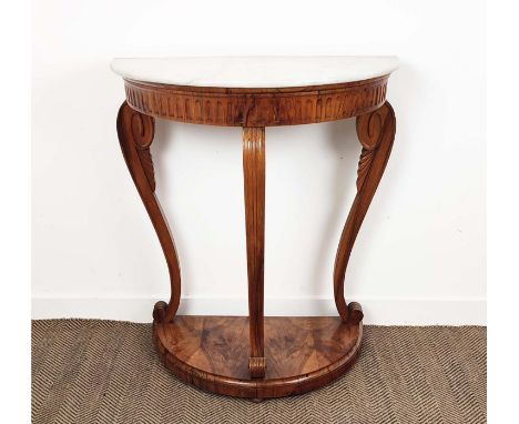 CONSOLE TABLE, 19th century Italian olivewood of demi lune form, the white marble top on scrolling walnut supports, 94cmx  10