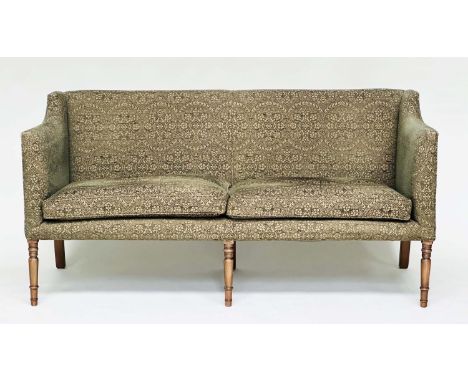 SOFA, Regency style upholstered in sage green weave with feather filled seat cushions and turned tapering supports, two scatt