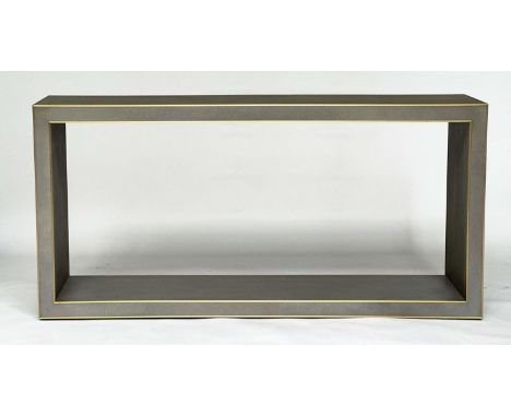 FAUX SHAGREEN CONSOLE TABLE, grey faux shagreen and gilt metal bound with undertier, 170cm W x 40cm D x 82cm H. 