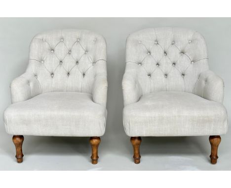 ARMCHAIRS, a pair, Victorian style grey linen button back upholstery with arched back and turned front supports, 67cm W. (2) 