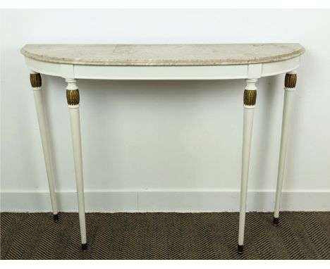 CONSOLE TABLE, 20th century white painted and gilt heightened with D shaped marble top, 92cm H x 125cm x 34cm. 