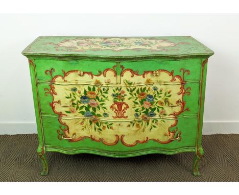 SERPENTINE COMMODE, Louis XV style painted with floral sprays containing two short and two long drawers, 87cm H x 112cm x 57c