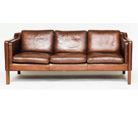 AFTER BORGE MORGENSEN 2213 STYLE SOFA, three seater mid tan brown leather and teak supports, 200cm W. 