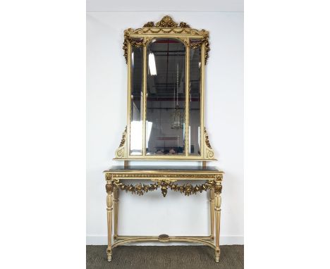CONSOLE TABLE AND MIRROR, Louis XVI style cream painted and giltwood with triple bevelled plates and grey marble top, 279cm H