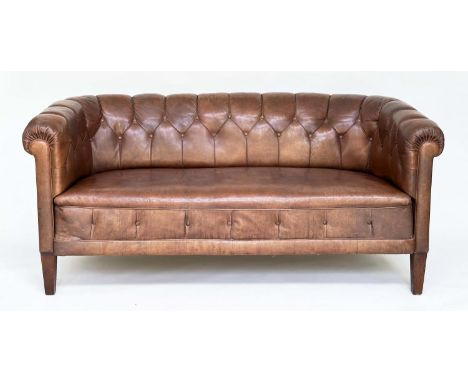 DANISH SOFA, early 20th century Art Deco Danish button tan hide leather with arched back, rounded arms and tapering supports,