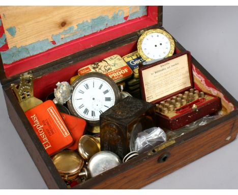 An antique box and contents of horological tools, pocket watch cases, watch movement parts etc.