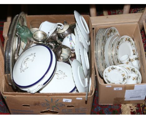 Two boxes of ceramics glass and metalwares to include Royal Worcester part dinner service in the Larchmont pattern, advertisi