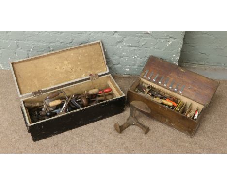 Two vintage tool boxes and contents of mainly joiners and engineers tools along with cast iron shoe last.