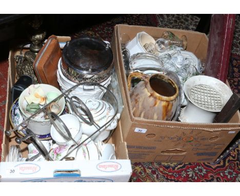 Two boxes of miscellaneous to include pottery, glasswares, gilt base table lamp, shaving kit etc.