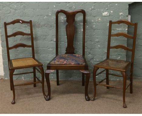 A pair of bergere ladder back side chairs together with a Queen Anne style dining chair