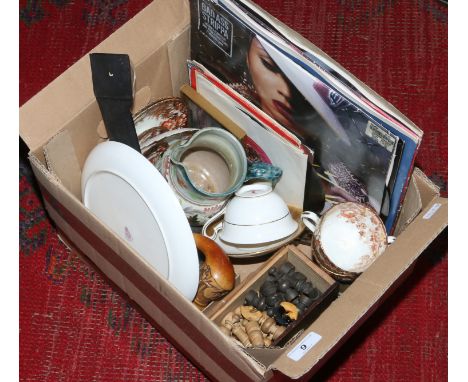 A box of miscellaneous to include Royal Worcester, Royal Crown Derby, Meerschaum pipe, vinyl etc.