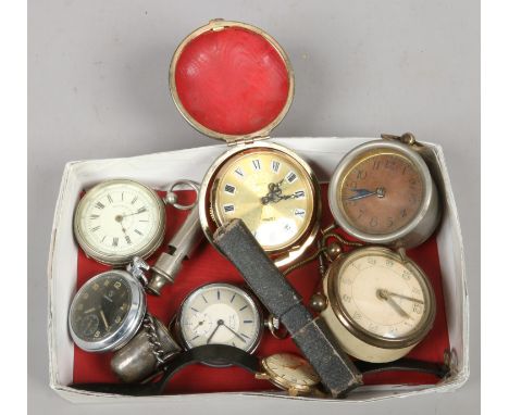 A box of collectables to include manual Sekonda wristwatch, Ingersol alarm clock, pocket watches etc.