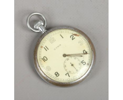 A vintage Cyma military issue pocket watch with subsidiary seconds, broad arrow mark to the case.