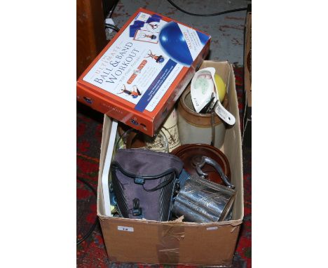 A box of miscellaneous household items silver plate teapot, 1915 Trench art shell case, stoneware cook pot, Olympus Omio 35mm