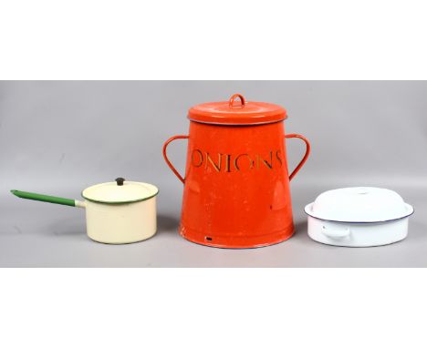 A vintage red enamel ware vessel for onions and two other pieces of enamel ware.