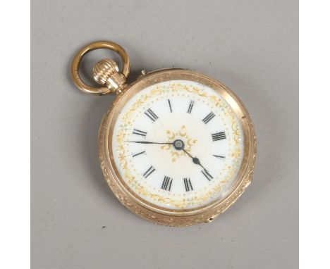 A 14ct gold fob watch with ornate enamel dial and with chased and enamelled decoration to the case.
