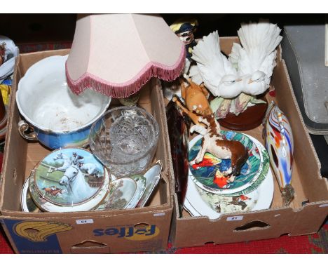 Two boxes of miscellaneous including two Beswick models of horses (AF), cabinet plates, Murano style glass fish, table lamp, 