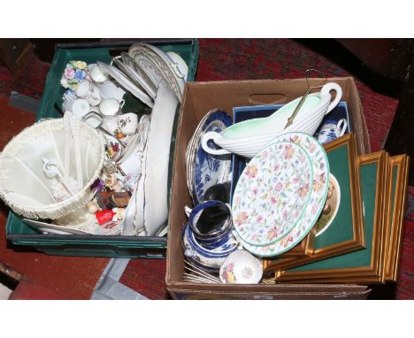 Two boxes of miscellaneous ceramics, Aynsley, Minton, Sylvac, Wedgwood, onyx table lamp etc 