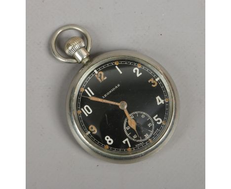 A Leonidas military issue pocket watch with black dial and subsidiary seconds, broad arrow A 61599.