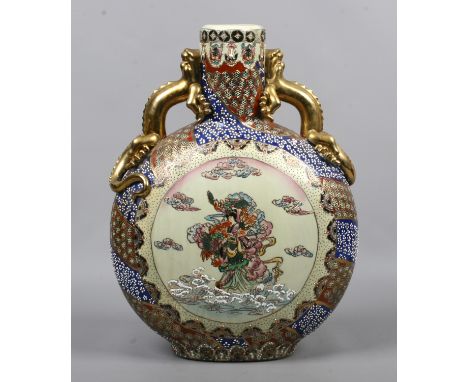 A large decorative Japanese Satsuma twin handled moon flask.