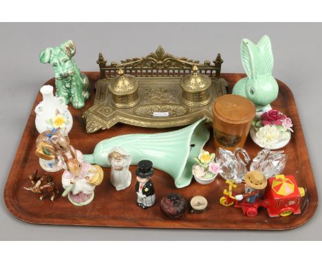 A tray of mostly vintage collectables including a brass desk ink stand, Beswick & Beatrix potter figures, Corgi magic roundab