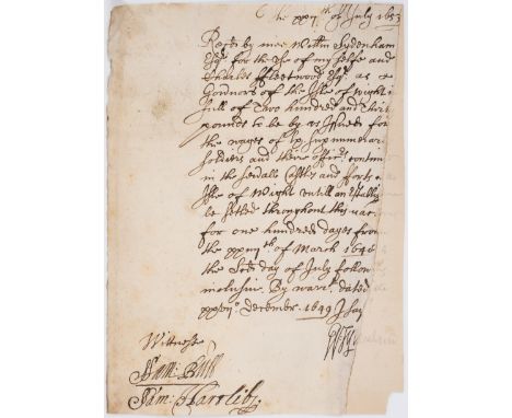 Friend of John Milton.- Hartlib (Samuel, educational reformer and writer, c. 1600–1662).- "Recd by mee William Sydenham... an