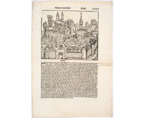 Siena.- A single leaf from the Nuremberg Chronicle, with a large woodcut view of Siena, verso with 9 woodcut portrait illustr