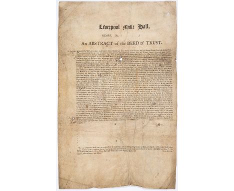 Share certificate for the Liverpool Music Hall, printed on vellum, contemporary ink inscription to verso, some small holes af