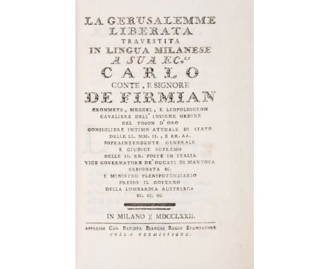 Tasso (Torquato) La Gerusalemme Liberata travestita in lingua Milanese, first edition, 4 vol., translated by Domenico Balestr