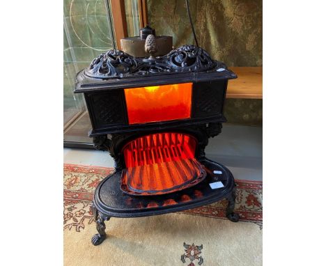 Antique French cast iron wood burning stove, Fitted with a modern light fitting to the top. [55x49x47cm] 