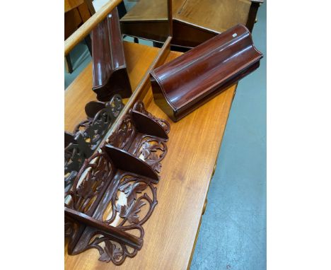 A Vintage hand carved Black Forest style wall shelf and Mahogany varnished storage box. 