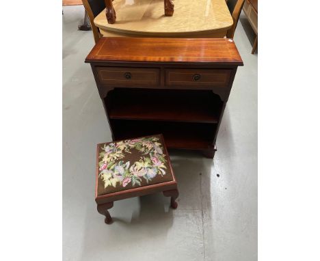 A Reproduction mahogany console bookcase unit and old footstool. 