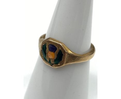 A Possible Gold signet ring designed with enamel painted thistle. [Weighs 2.17 grams] [Ring size M] 