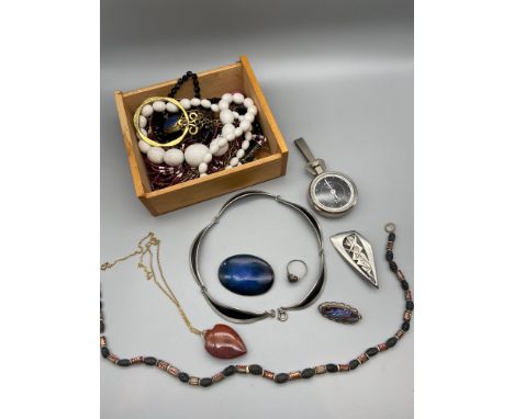 A Quantity of mixed costume jewellery which includes Jorgen Jensen Pewter &amp; Enamel choker chain, Silver and Paua shell br