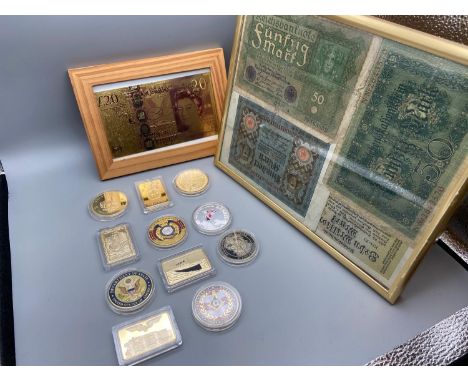 A Collection of gold plated and enamel coins, £20 gold plated framed bank note and four various vintage bank notes framed 