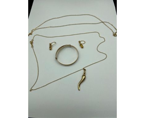 A 9ct gold baby bangle, 9ct gold horn pendant with 9ct gold chain, 9ct gold chain and a pair of 9ct gold earrings. [Total wei