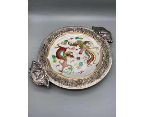 Jiangxi Zhen Pin Chinese dragon &amp; phoenix design plate fitted with a Chinese export silver pierced design and dragon hand