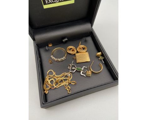A 9ct gold book locket pendant, 925 silver and green stone devil pendant, a collection of 9ct scrap gold and a yellow metal r