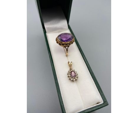 Antique ladies London 9ct gold ring with large amethyst stone [3 grams] [ring size L] together with a 9ct gold pendant set wi