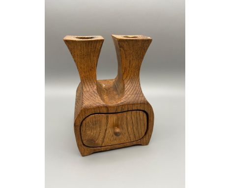 A Lovely example of an apprentice piece. Made into a double candle holder with single trinket drawer. Made from elm wood. [14