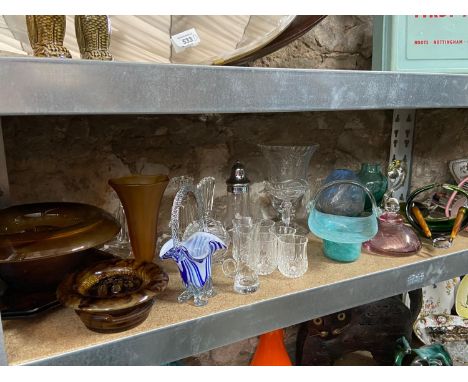 A Shelf of collectable art glass which includes Smoked ornage art deco centre piece bowl, Caithness vase &amp; Possible Scott