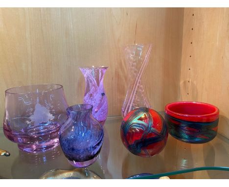 A Shelf of collectable art glass and dressing table items. Includes Caithness glass vases, paperweight and small bowl made in