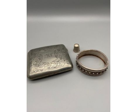 Antique Indian silver bangle, Birmingham silver thimble and Plated cigarette case. 
