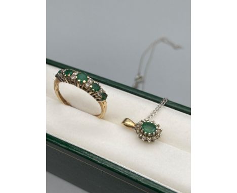 Ladies 9ct gold ring, set with Emeralds and Diamonds together with a matching Emerald and Diamond 9ct gold pendant with 9ct w