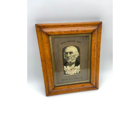 Antique woven in silk tapestry portrait of The Right Hon. W.E. Gladstone .M.P. Fitted within a bird eye maple frame. [Frame 2